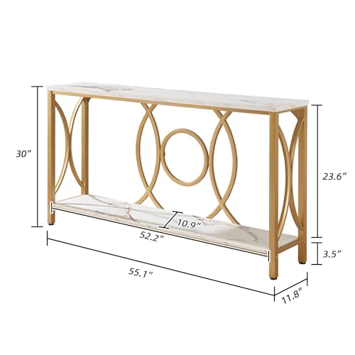 HOMISSUE Sofa Console Table, Modern Gold Console Table with Faux Marbled Tabletop, Engineered Wood Entryway Tables with 2 Tier Storage, Narrow Sofa Table for Living Room, Hallway (55 Inch, White&Gold) HOMISSUE