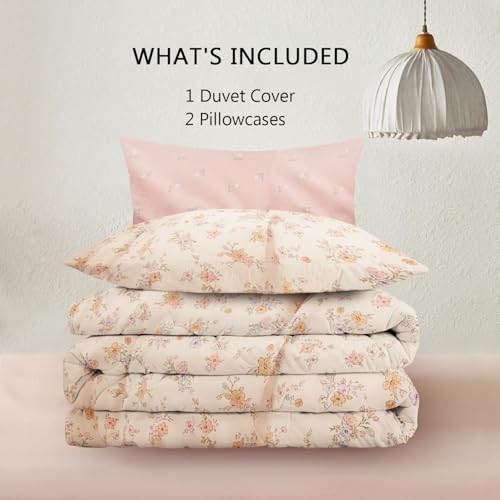Erwinmu Floral Duvet Cover Set Queen Size,Pink White Floral Pattern Reversible Bedding Set for Girls Kids,Garden Style Microfiber Comforter Cover with Zipper Closure and 2 Pillowcases Erwinmu