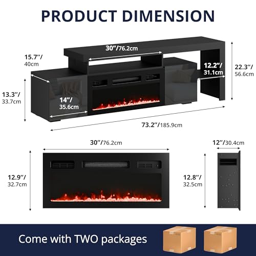 Cozy Castle 73.2 Inch Fireplace TV Stand with Storage,30" Electric Fireplace,LED Entertainment Center Tv Console for 65 70 80"Tv,High Gloss Modern Tv Stand with Charging Station for Living Room,Black Cozy Castle