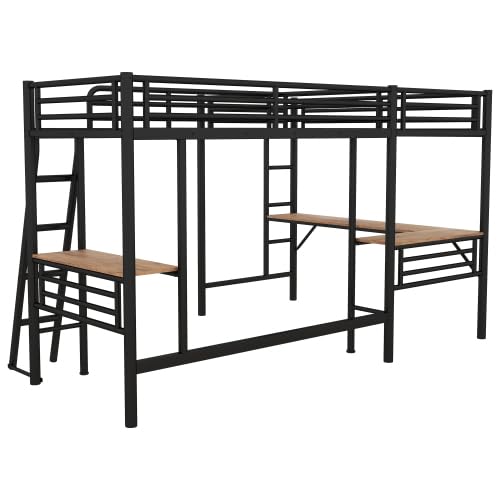Harper & Bright Designs Twin Size Metal Loft Bed with Two Built-in Desks, L-Shaped Loft Bed with Two Ladders for Kids Teens, Black Harper & Bright Designs