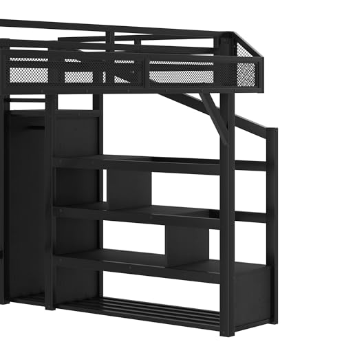 Bellemave Queen Loft Bed with Stairs and Wardrobe, Queen Size Loft Bed with Charging Station, Lights and Bedside Shelf, Heavy Duty Loft Bed Frame for Adults, Teens, Kids, Noise Free, Black Wood Bellemave