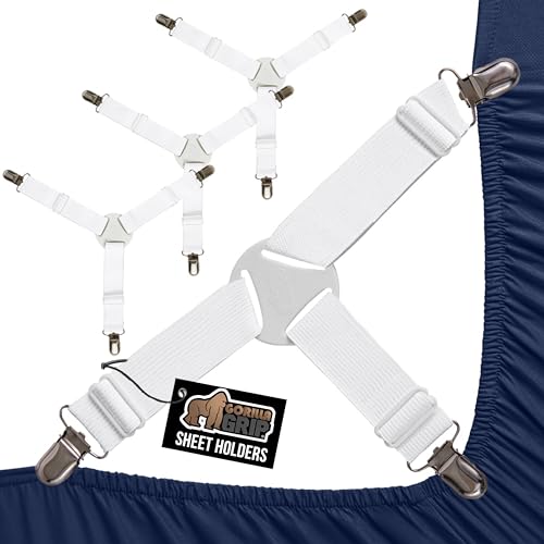 GORILLA GRIP Patent Pending Bed Sheet Holders, Adjustable Elastic Fasteners with Metal Clips, Keep in Place Fitted Bedding Straps, Firm Tight Suspenders for Mattress, US Designed, 4 Pack White GORILLA GRIP