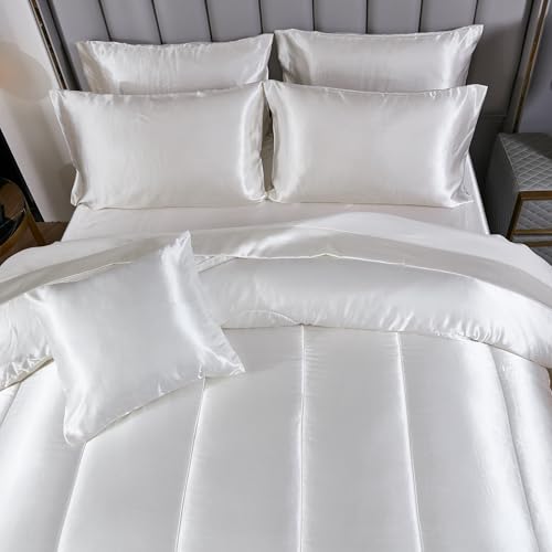 Bedding_Dreamer Silk Like White Comforter Set with Sheet Set King Size 8 Pieces Satin Bedding Set Silky Bed-in-a-Bag Luxury Hotel Soft Silky Comforter Set with 1 Cushion Cover Vegan Silky Bed Set Bedding_Dreamer