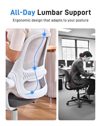 Ergonomic Mesh Office Chair for Home Office, Flip-Up Arms, Breathable Mesh Back & Thick Seat Cushion, Swivel Rolling Computer Desk Chair – BIFMA Certified, Supports 300 lbs (White Frame/Gray Seat) amseatec