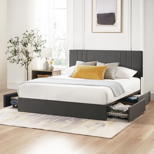 Zinus Billie Platform Bed Frame, Four Underbed Storage Drawers, Height Adjustable Headboard, Upholstered Style, King Zinus