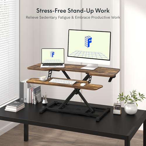FLXISPOT 40in Standing Desk Converter, Height Adjustable Riser, Manual Lift with Gas Spring Monitor and Laptop Workstation, Rustic Color FLEXISPOT