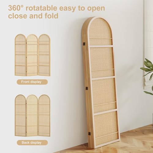 Rattan Room Divider with Bookshelf,Foldable Privacy Screen Partition,Wooden Frame,Natural Portable for Living Room,Bedroom Home,Office Reading Nook (Natural, 3 Panels) Svimi