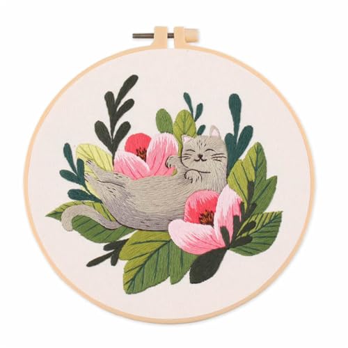 Meecaa Cat Flowers Animal Embroidery Kit Starter Set, Hand Embroidery Set,Pattern Printed Cross Stitch Set for Beginner Adults, with Embroidery Hoop and Instructions (Cat)