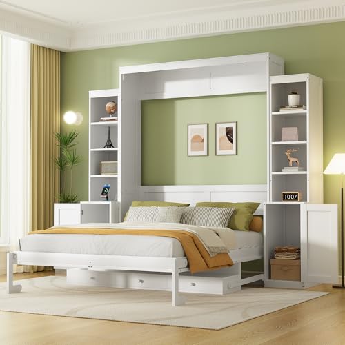 PVWIIK Queen Size Murphy Bed with Desk & Charging Station,Wall Bed Frame Folding into Cabinet Design w/LED & Storage Shelf for Small Space,Bedroom,Guest Room,White PVWIIK