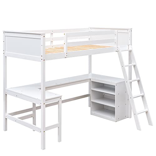 Ball & Cast Twin Size Loft Bed with Full-Length Guard Rail and Storage Shelves,Wood Bedframe w/Ladder & U Shape Desk,Slat Support,Space Saving,Bedroom Furniture for Student Dorms,Studio,White Ball & Cast