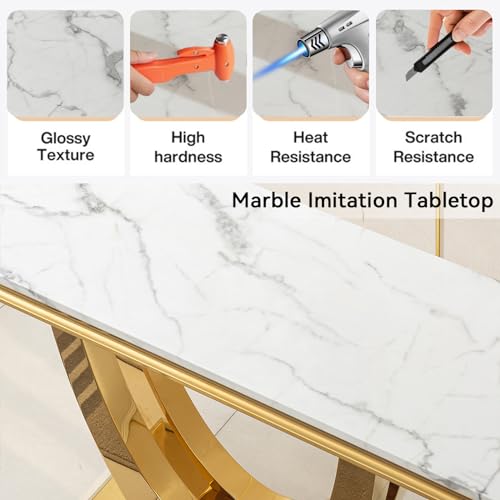 Goujxcy 47"" Marble Console Table Luxury Gold Sofa Table with Geometric U-Shape Stainless Steel Pedestal Modern Long Console Sofa Table White Marble Entryway Hall Table for Living Room Hallway Goujxcy