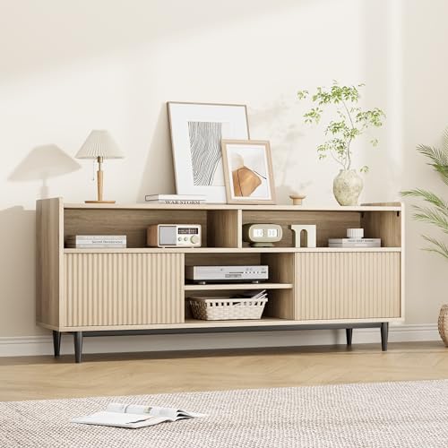 GAOMON Fluted TV Stand for 70 inch, Modern Entertainment Center with Storage and Sliding Doors, Wood Media Console Cabinet Furniture TV Console Table for Living Room Bedroom, Natural Oak GAOMON