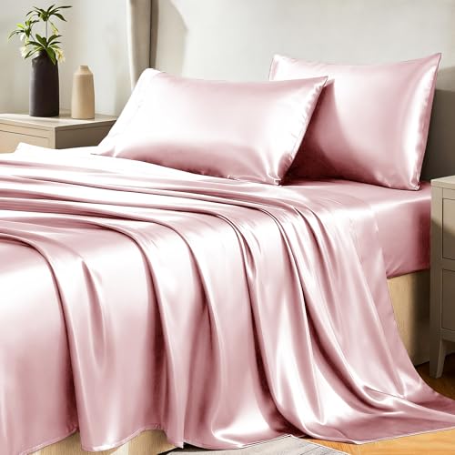 CozyLux Satin Sheets Full Size Sheets - 4 Piece Silky Full Size Bed Sheets, Luxury Dirty Pink Full Bed Set with Smooth and Soft Microfiber, Includes 1 Fitted Sheet, 1 Flat Sheet and 2 Pillowcases CozyLux