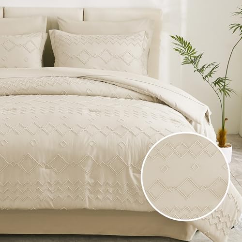 EMME Twin Comforter Set - 5 Pcs Beige Boho Bedding Sets, Tufted Comforter with Sheets, Shabby Chic Embroidery Twin Bed Set Fluffy Bed Bag for All Season(68"X90") EMME