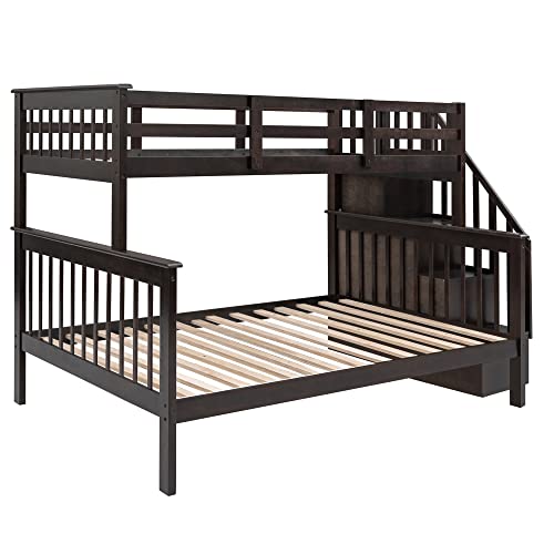 Ball & Cast Twin Over Full Bunk Bed with Storage Ladder and Full-Length Guardrails,Wooden Bunkbed w/Slat Support & into Two Individual Beds,Bedframe Furniture for Student Dorms,Guest Rooms,Espresso Ball & Cast