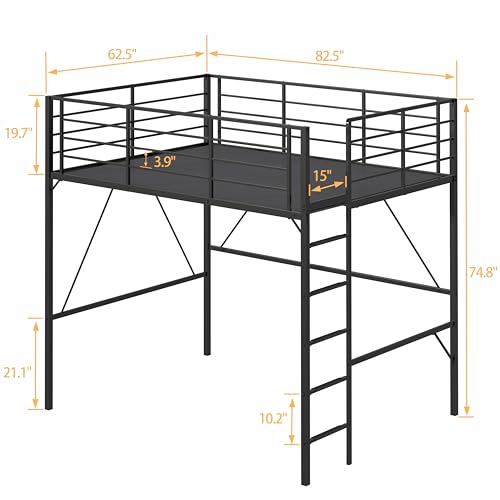 Realhotan 75Inch Queen Loft Bed with Ladder and High Guardrail, No Box Spring Required,Space-Saving,No Sagging Metal Slat Support Heavy Duty Bedframe, Black Realhotan