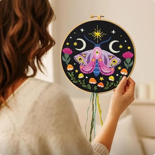 Nuberlic Moth Embroidery Kit for Beginners -Easy Cross Stitch Kits- Complete Embroidery Starter Set with Hoop, Pre-Printed Fabric, Threads & Needles