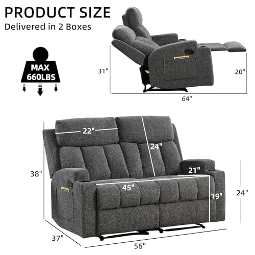 CANMOV Manual Recliner Sofa Set, Fabric Home Theater Seating with Side Pockets and Cup Holders, 2 Seat Reclining Couch for Living Room, Office, Dark Grey