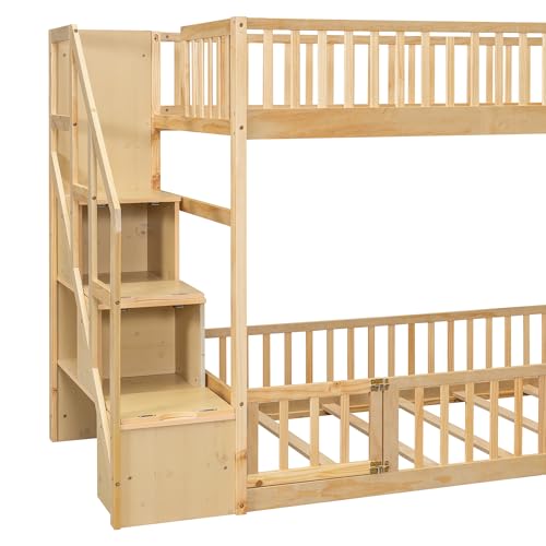 Merax Twin Over Twin Floor Bunk Bed with Storage Ladder and Guardrails, Wood Twin Bunk Bed for Kids Teens Adult, Natural Merax