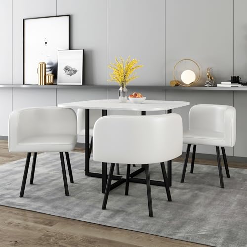 Square Dining Table Set for 4, 39" Small Conference Tables Set, Faux Marble Negotiation Table with Strong Metal Frame and 4 White PU Leather Upholstered Chairs, for Meeting Room, Office, Apartment AMHDDT