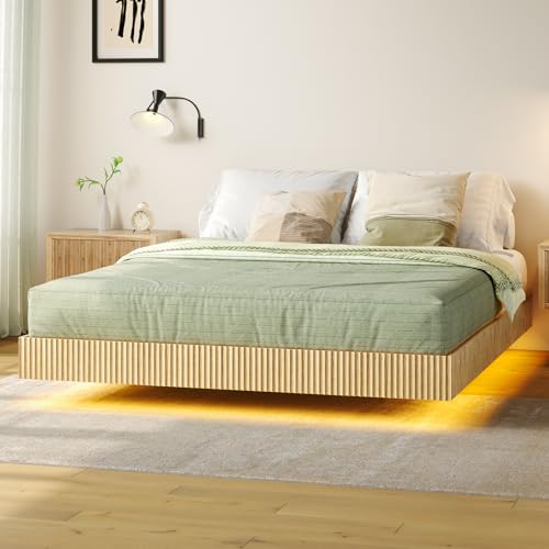 Tatub Natural Queen Floating Bed Frame with LED Lights, Modern Fluted Oak Platform Bed Frame Floating, Heavy Duty Metal Slats, No Box Spring Required Tatub