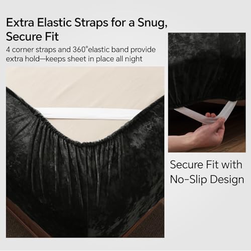 BEDELITE Velvet Fitted Sheet and Pillowcases Set, Luxury Soft Fuzzy Bottom Sheet with Reinforced Elastic Corner Straps, Deep Pocket up to 15 Inch, 1 Fitted Sheet and 2 Pillowcases (Queen, Black) BEDELITE