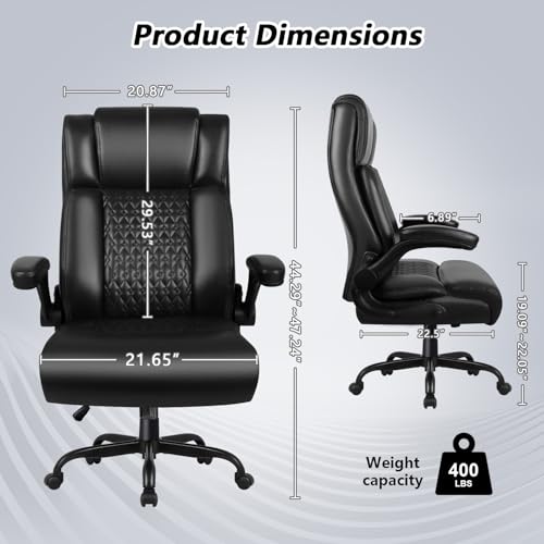 VENDORZ Big and Tall Office Chair, Ergonomic Leather Office Computer Desk Chair, Black Heavy Duty Office Chair with Flip-up Armrest, Comfortable High Back Home Chair 400 LBS with Lumbar Support VENDORZ