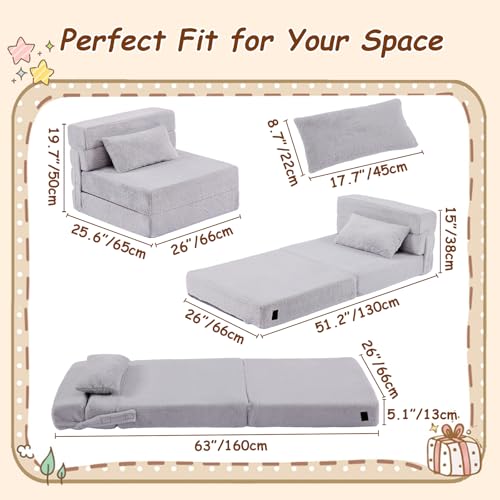 Givjoy Folding Sofa Bed Mattress for Kids with Pillow, Toddler Washable Folding Floor Mat for Daycare, Child Fold Up Sofa Futon Chair Bed with Storage Bag for Playroom, Camping, Girls and Boys, Grey Givjoy