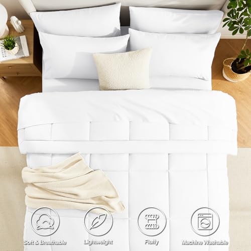 CozyLux Queen Comforter Set White, 7 Pieces Bed in a Bag, White Comforter Queen Size, All Season Bedding Sets with Stitch Quilted Comforter, Flat Sheet, Fitted Sheet, Pillowcases CozyLux