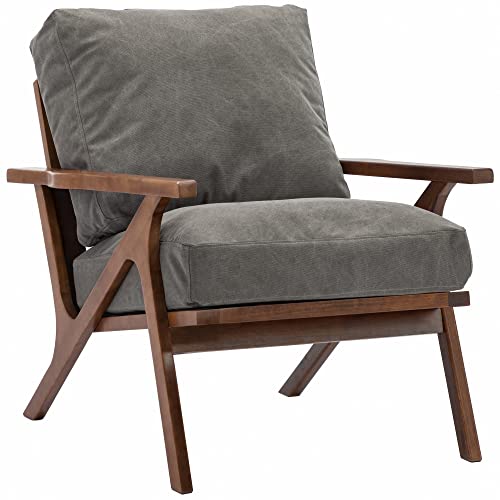 Wahson Mid Century Chair, Upholstered Accent Armchair, with Wood Frame and Canvas Cushions, Leisure Slipper Chair for Living Room/Bedroom, Grey Wahson