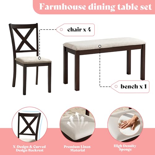 AMERLIFE 6-Piece Farmhouse Dining Table Set, 60” Solid Wood Table with 4 Upholstered Chairs & Bench, Comfortable Seating for 6, for Kitchen or Dining Room, Brown & Black Finish AMERLIFE