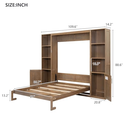 Farmhouse Queen Size Murphy Bed Wall Bed with 2 Bookcases, Traditional Solid Wood Murphy Cabinet Bedframe, Can be Folded, Space-Saving Design XD Designs