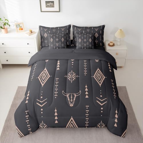 Erosebridal Bull Skull 7 Pcs Comforter Set Full Boho Bedding Ethnic Horns Bohemian Bed in A Bag Black Brown Tribal Symbol Mysterious Aztec Bedroom Decor Abstract Geometric Sheet Set for Men Boys Erosebridal