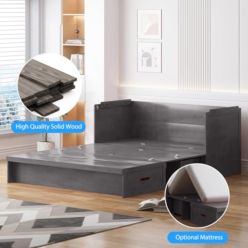 PUREMIND Murphy Bed Queen, Modern Murphy Cabinet Bed with USB Charging Station & Large Storage Drawer, Space-Saving Full Foldable Platform Bed for Guest Bedroom (Gray) PUREMIND