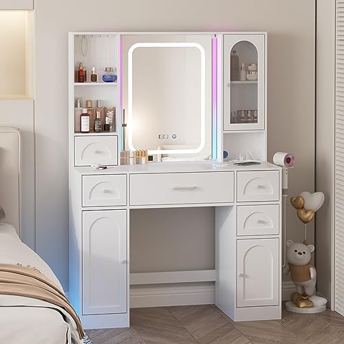 White Vanity Desk with Mirror and Lights,Makeup Vanity with RGB Lights and Power Strip,Makeup Desk Vanity Table with 5 Drawers Lots Storage & Time Display,3 Lighting Modes LED Lighted Mirror,41.3in(L) Fameill