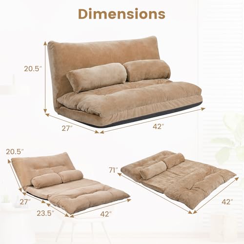 KOMFOTT Foldable Floor Lazy Sofa with 2 Pillows, 6-Position Adjustable Reclining Sofa Sleeper Bed, Convertible Futon Couch Bed, Floor Couch Lounge for Relaxing, Reading, Playing, Gaming (Coffee) KOMFOTT