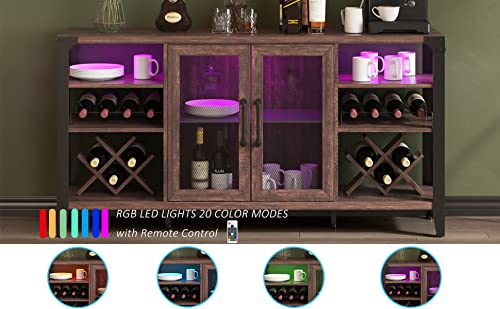 Vabches Dark Brown Farmhouse Wine Bar Cabinet with LED Lighting and Ample Storage Vabches