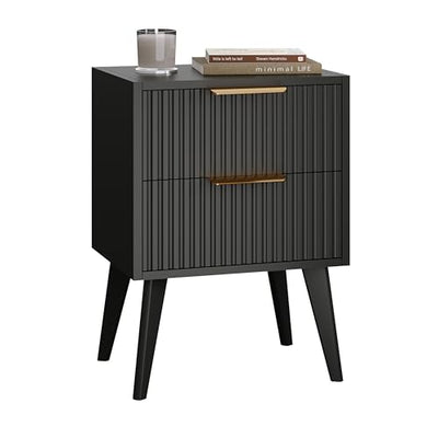 YAUKOMEL Black Night Stand,Modern Bedside Table,Small Nightstand with 2 Drawers,Fluted Side Table with Wood Legs,Mid Century End Table for Bedroom,Small Space,Black 11.8" D x 16" W x 22.4" H CTG55BK