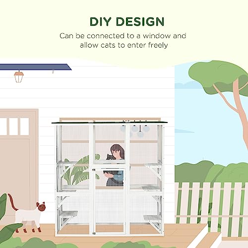 PawHut Outdoor Cat House Big Catio Wooden Feral Cat Shelter Enclosure with Large Spacious Interior, 6 High Ledges, Weather Protection Asphalt Roof, 71" L, White PawHut