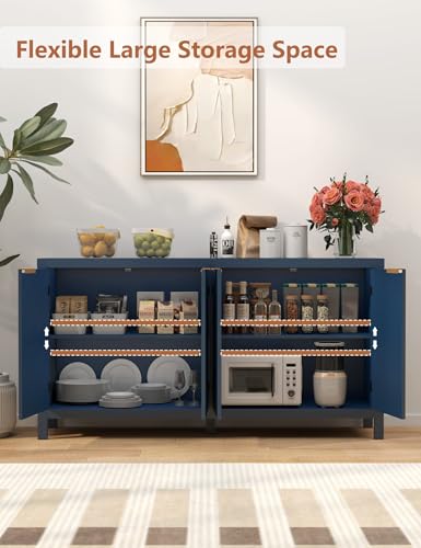 SAHISTCT 58" Modern Fluted Sideboard Buffet Cabinet with Storage, Modern Credenza with Arched Doors, Coffee Bar Table, Wood Media TV Console Table Credenza for Living Room Hallway Entryway (Blue) SAHISTCT