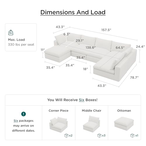 Acanva Modular U-Shaped Sectional Cloud Couch, Free Combination Minimalist Sofa, Convertible to DayBed with Shredded Latex Filled Cushion and Removable Slipcovers for Living Room, 5 Seater + Ottoman Acanva