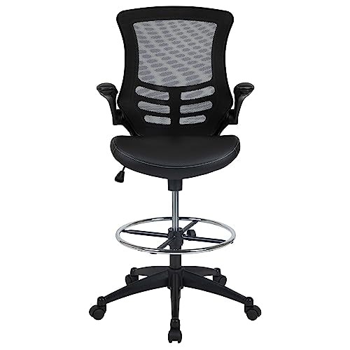 Flash Furniture Kelista Mid-Back Swivel Office Chair with Adjustable LeatherSoft Seat Height, Ergonomic Mesh Chair with Flip-Up Arms, Black Flash Furniture