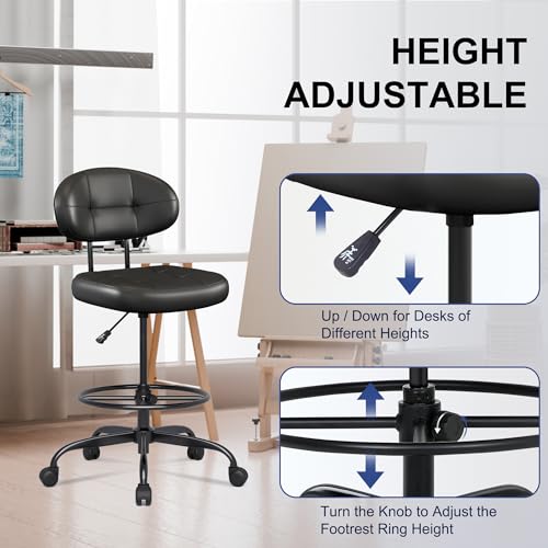 Misolant Drafting Chair Without Arms, Tall Office Chair with Footrest Ring for Standing Desk, Small Faux Leather Executive Office Chair with Adjustable Height for Bar Lab Counter Height Desk, Black Misolant