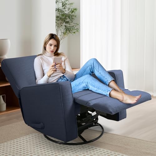 KeyEnergy Manual Rocker Recliner Chair for Adults, High Back Glider with Deep Seat, Upholstered Fabric Armchair for Living Room & Nursery (Blue Linen)
