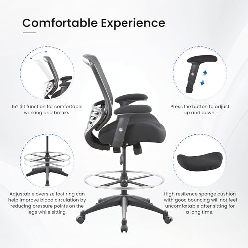 BOLISS 400lbs Mid Back Mesh Ergonomic Drafting Chair for Standing Desk Office Wide Chair Built-in Lumbar Support Big Adjustable Foot Ring Height Adjustable Armrest (Black) BOLISS