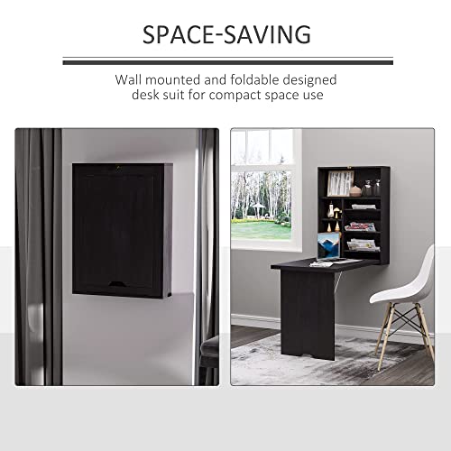 HOMCOM Wall Mounted Fold Out Convertible Desk, Multi-Function Floating Desk with Storage Shelf for Home Office, Espresso Brown HOMCOM