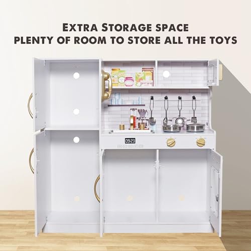 TOUCH US Wooden Play Kitchen Toy Set with Light, Kids Children Pretend Toy Kitchen Playset, Sink with Faucet, Oven, Microwave, Kitchenware Set Accessories for Ages 3-8 Girls Boys touch us