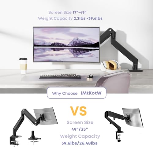 Heavy Duty Monitor Arm for Ultrawide Screens up to 49 inch and 39.6lbs, Premium Aluminum Single Desk Mount Stand with Gas Spring, VESA 75x75/100x100 IMtKotW