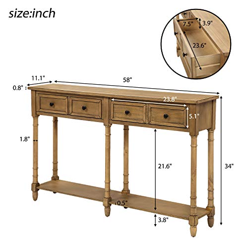 Merax Solid Wood Console Table with 2 Drawers for Living Room, Rustic 2-Tier Entryway Table with Bottom Open Shelf, 58 Inch Sofa Table Behind Couch for Hallway, Old Pine Merax