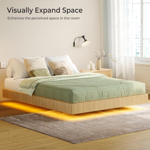 Tatub Natural Queen Floating Bed Frame with LED Lights, Modern Fluted Oak Platform Bed Frame Floating, Heavy Duty Metal Slats, No Box Spring Required Tatub